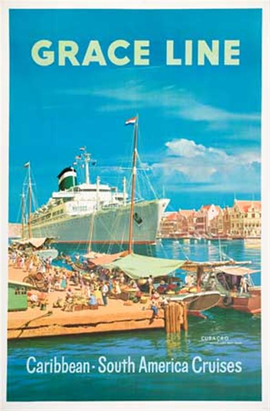 (GRACE LINE.) Group of 7 large format color lithographed advertising posters, some designed by Evers, each...